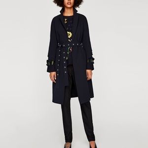 Navy Zara trench coat with ruffle sleeves